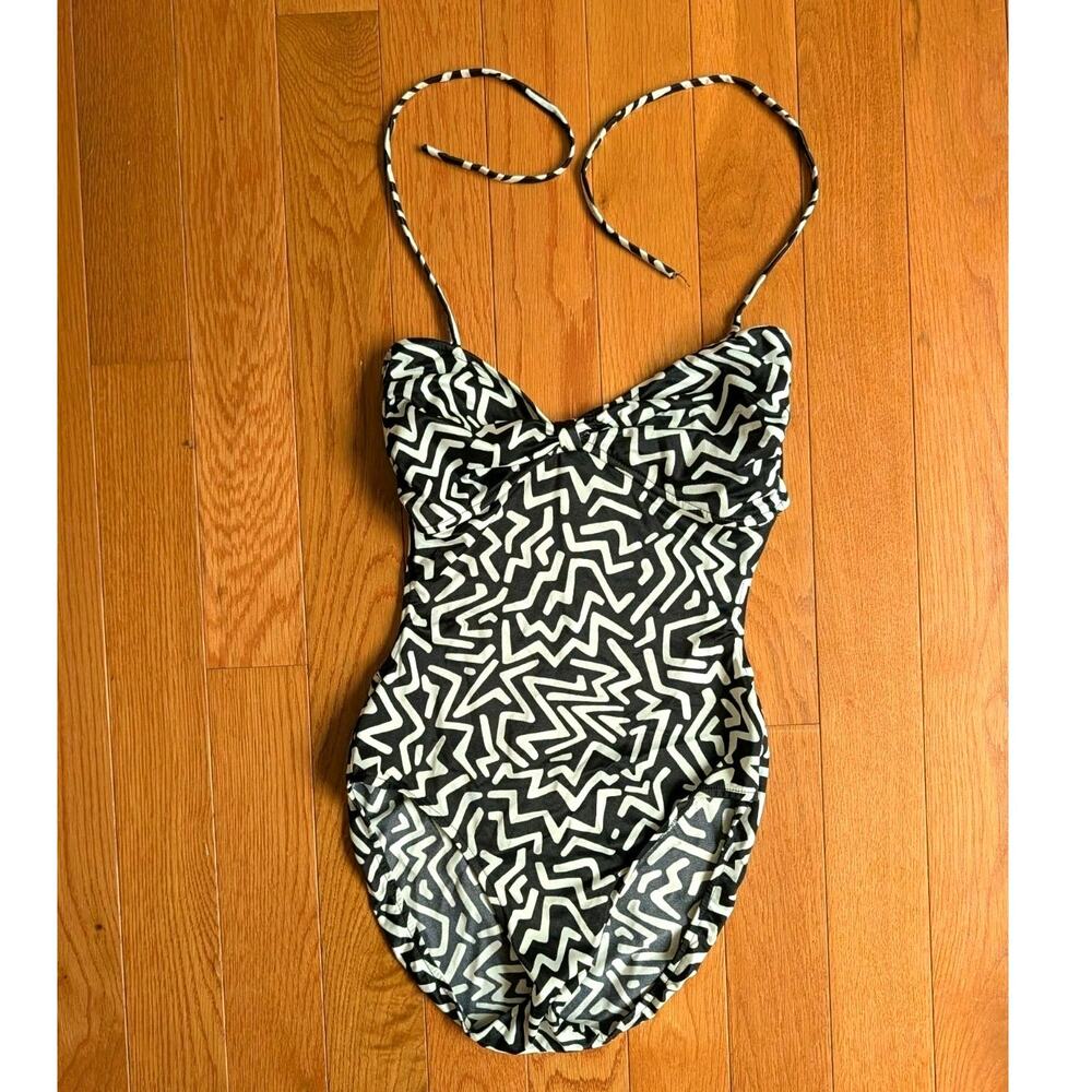 Vintage 80s Gottex Backless One Piece Swim Suit High Leg Black White Geometric S